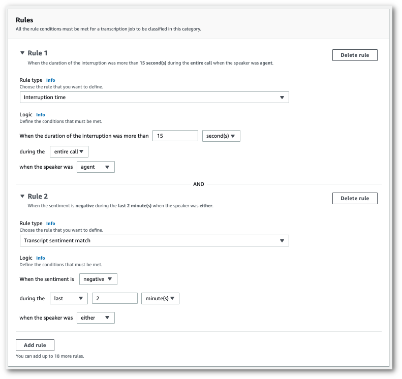 Amazon Transcribe captura de pantalla de la consola: el panel de «reglas» con dos ejemplos de reglas.