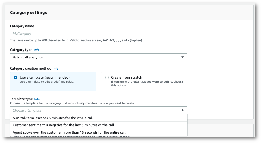 Amazon Transcribe captura de pantalla de la consola: el panel de «configuración de categorías» que muestra las plantillas opcionales.