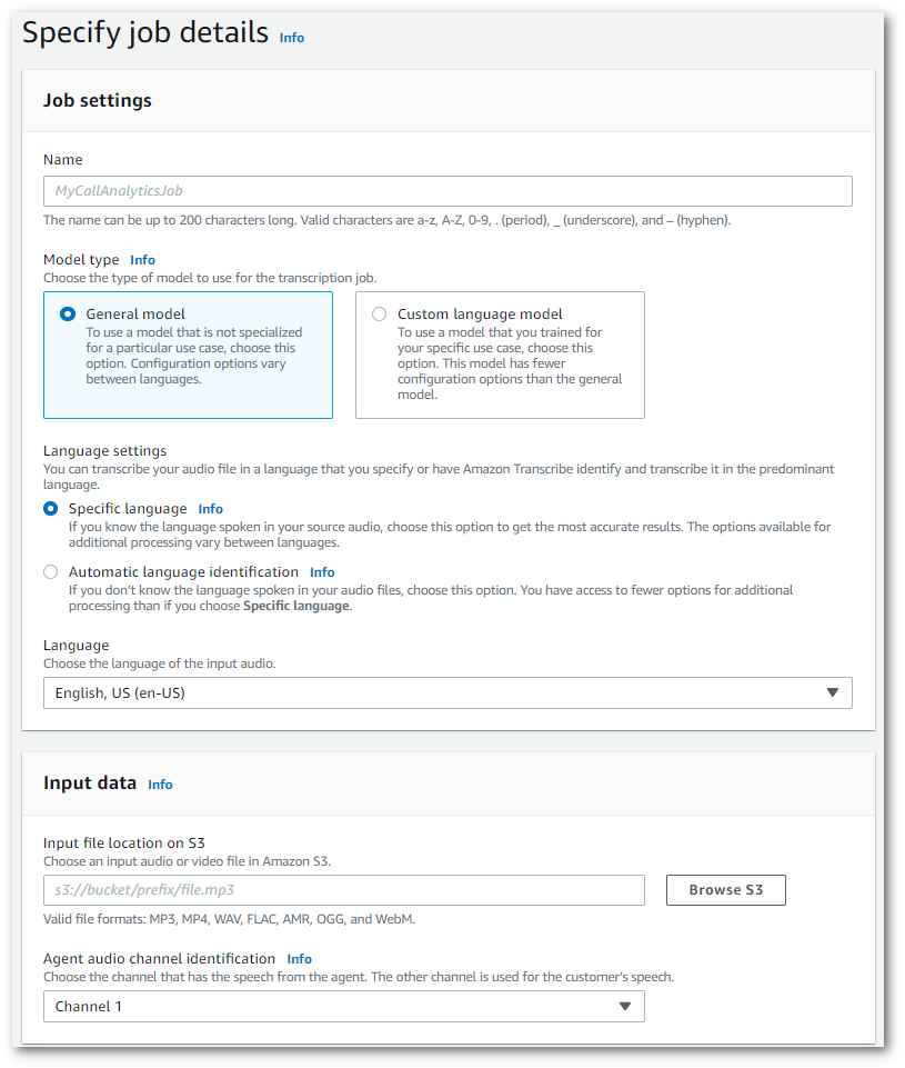 Amazon Transcribe captura de pantalla de la consola: la página «especificar los detalles del trabajo».
