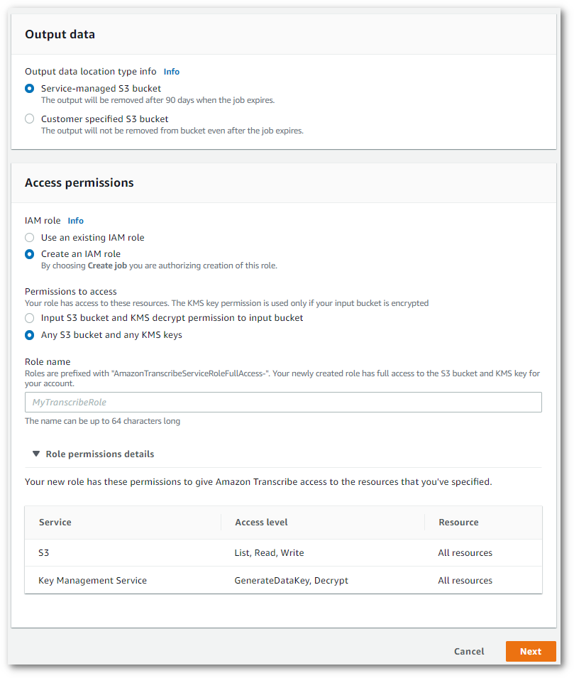 Amazon Transcribe captura de pantalla de la consola: el panel de «permisos de acceso».