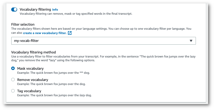 Amazon Transcribecaptura de pantalla de la consola: opciones de selección del filtro de vocabulario.