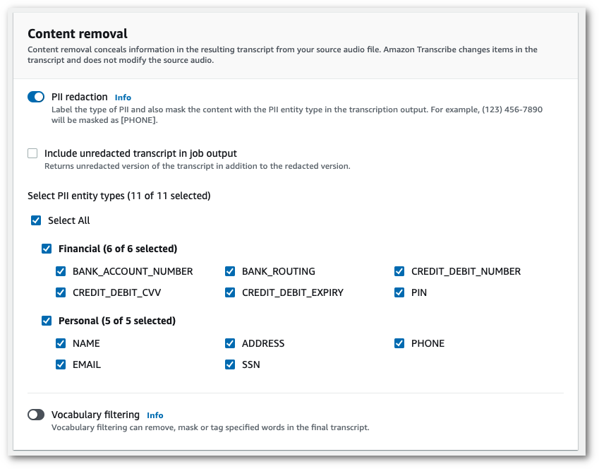 Amazon Transcribe captura de pantalla de la consola: el panel de «eliminación de contenido» que muestra las opciones de PII.