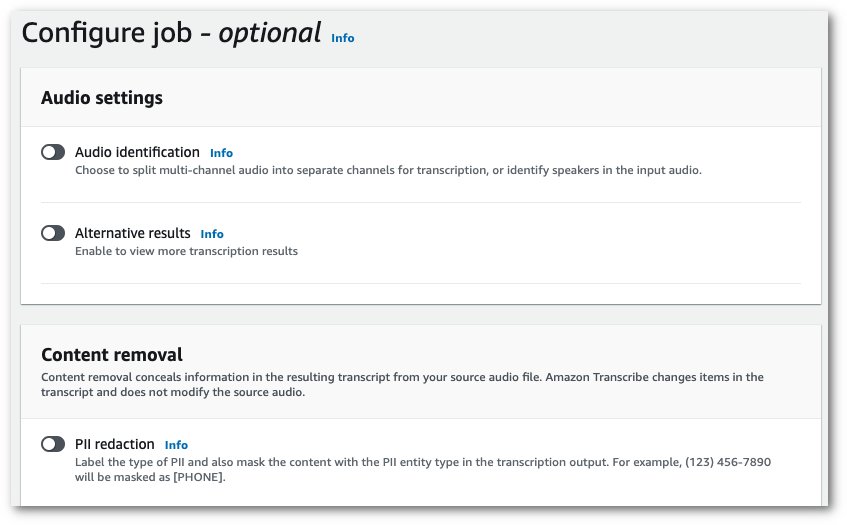 Amazon Transcribe captura de pantalla de la consola: el «panel de eliminación de contenido» de la página de «configurar el trabajo».