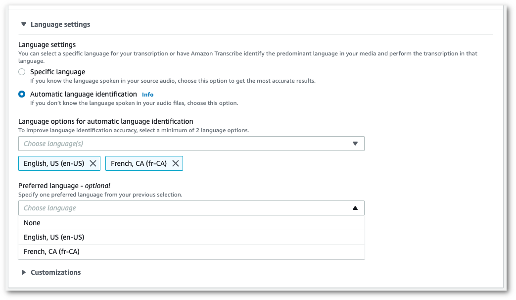 Captura de pantalla de Amazon Transcribe: panel “Configuración de idioma” con opciones de idioma preferidas.