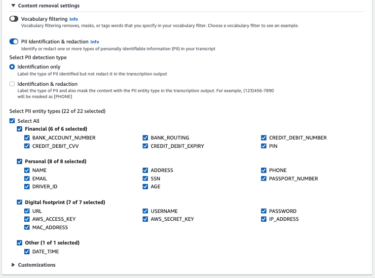 Amazon Transcribe captura de pantalla de la consola: lista de tipos de PII que se pueden seleccionar.