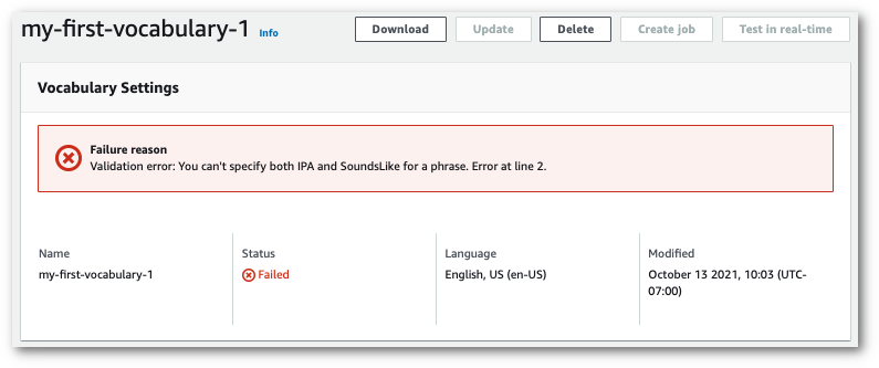 Amazon Transcribe captura de pantalla de la consola: la página de información del vocabulario muestra el motivo del error.