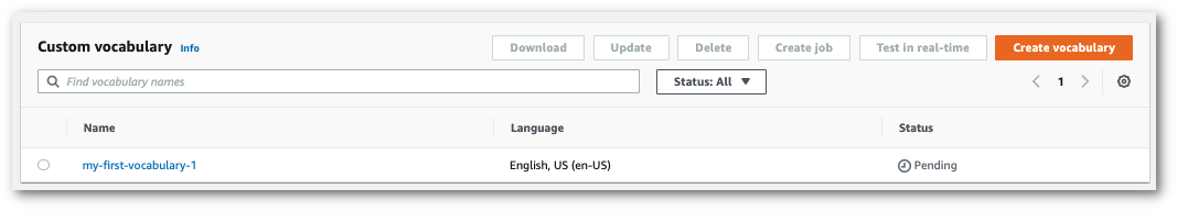 Amazon Transcribe captura de pantalla de la consola: vocabulario personalizado en estado pendiente durante el procesamiento.