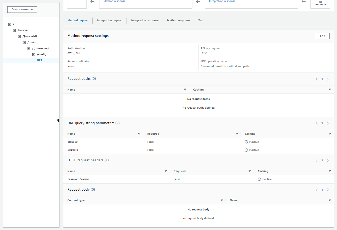 Detalles de la configuración de la API, que muestran los parámetros de configuración del método para las rutas de solicitud y para la cadena de consulta URL.