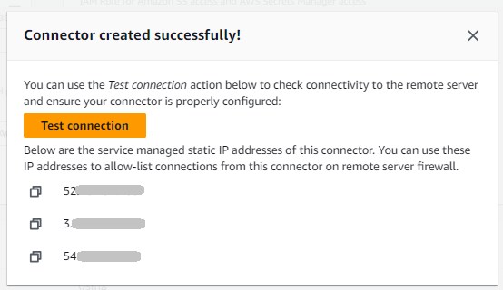 La pantalla de creación de conectores que aparece cuando un SFTP conector se ha creado correctamente. Contiene un botón para probar la conexión y una lista de las direcciones IP estáticas administradas por el servicio de este conector.