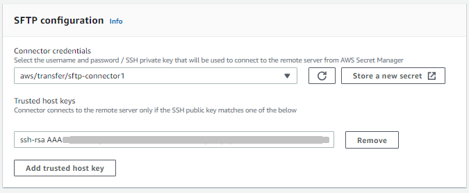 La consola de SFTP conectores Transfer Family, que muestra los ajustes SFTPde configuración.