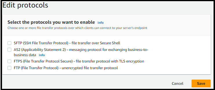 Lista de protocolos disponibles: SFTPFTP,FTPS, yAS2. Puede seleccionar una o varias.