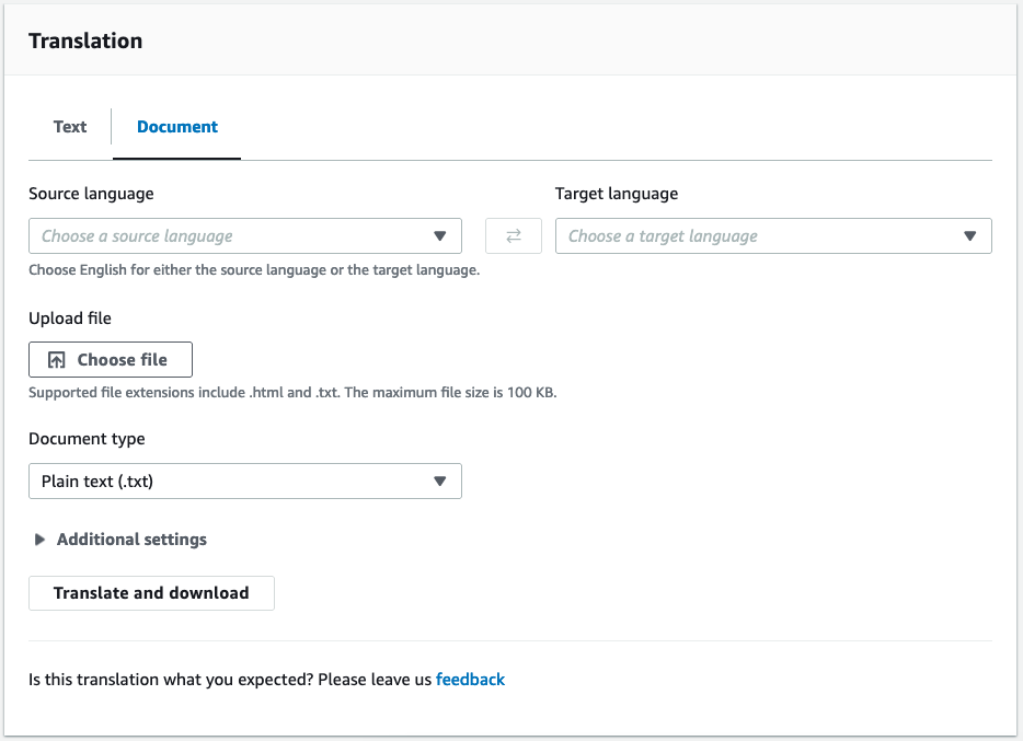 La página de traducción de documentos de la consola de Amazon Translate.