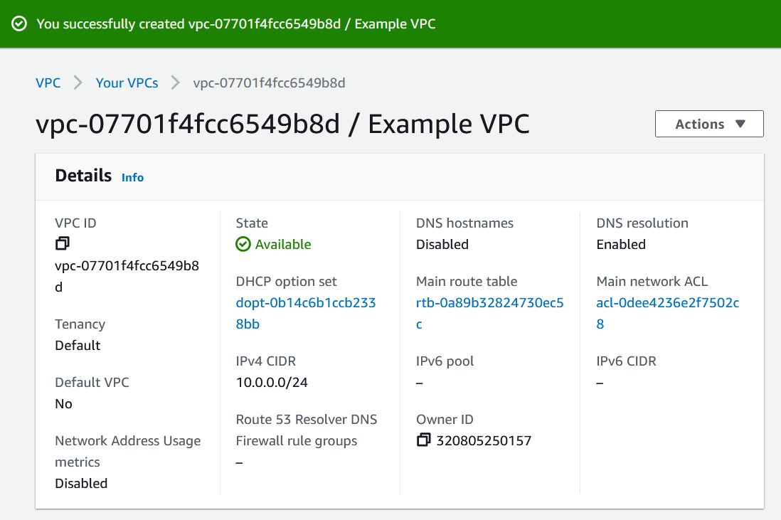 Creación correcta de una VPC en la consola de Amazon VPC.