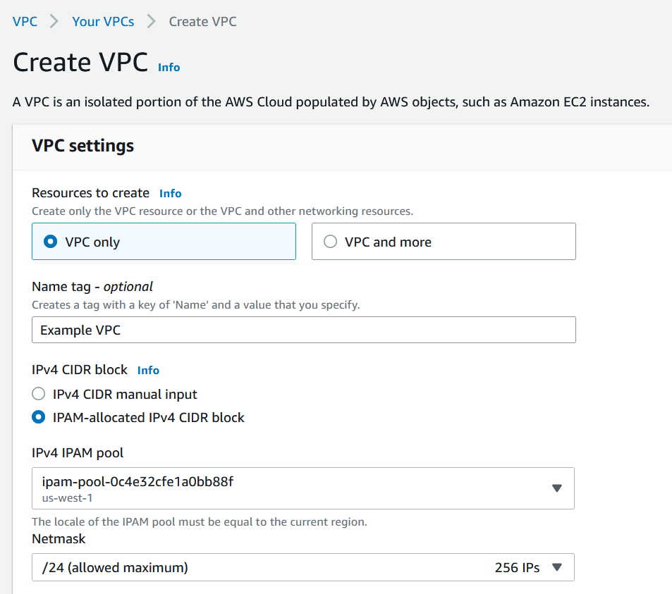 Creación de una VPC en la consola de Amazon VPC.