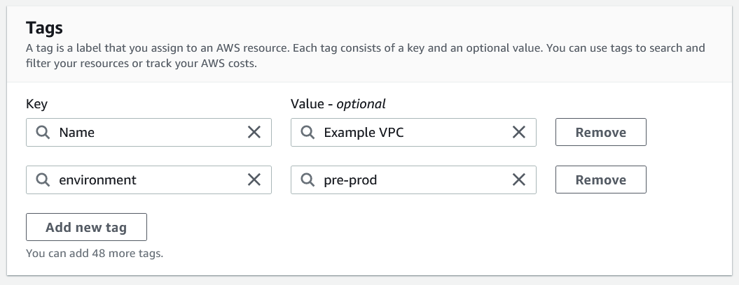 Añadir etiquetas a una VPC en la consola de Amazon VPC.