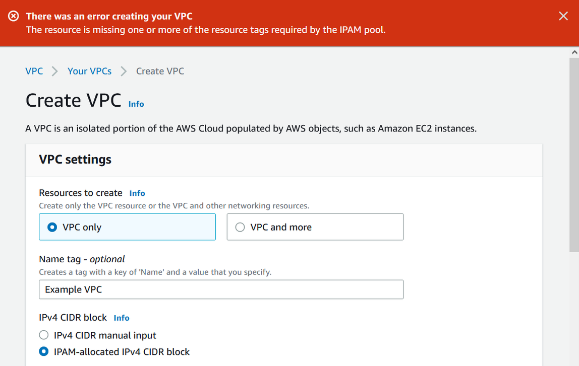 Error al crear una VPC en la consola de Amazon VPC.