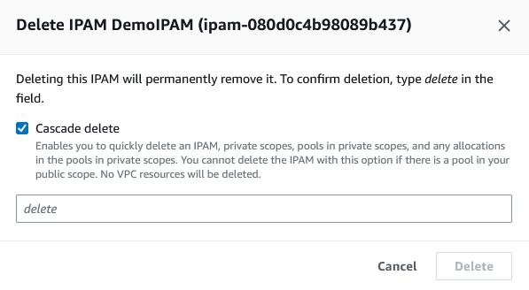 Eliminación de un IPAM en la consola de IPAM.