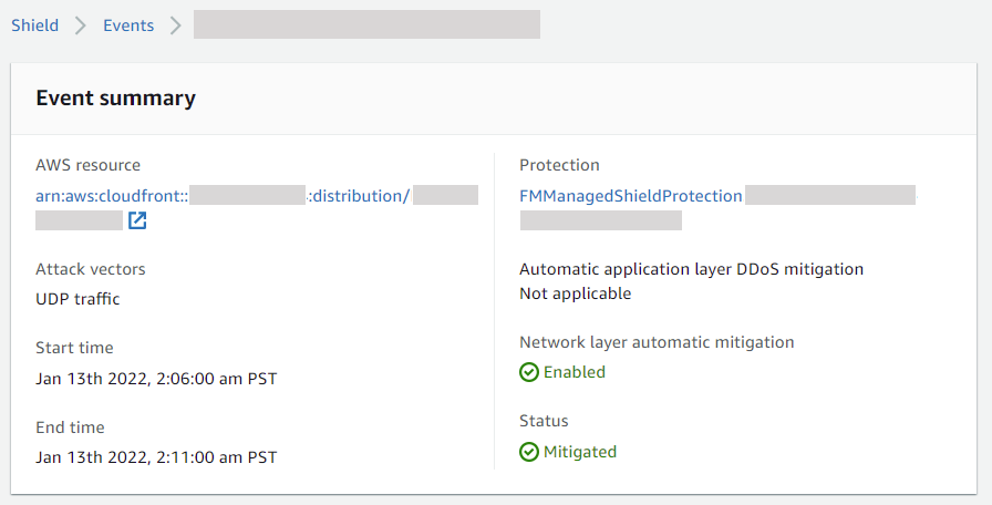 El panel de resumen de la página de eventos de la AWS Shield consola muestra la información de un evento e incluye el AWS recurso afectado, los vectores de ataque, las horas de inicio y finalización y la información sobre la mitigación y el estado.