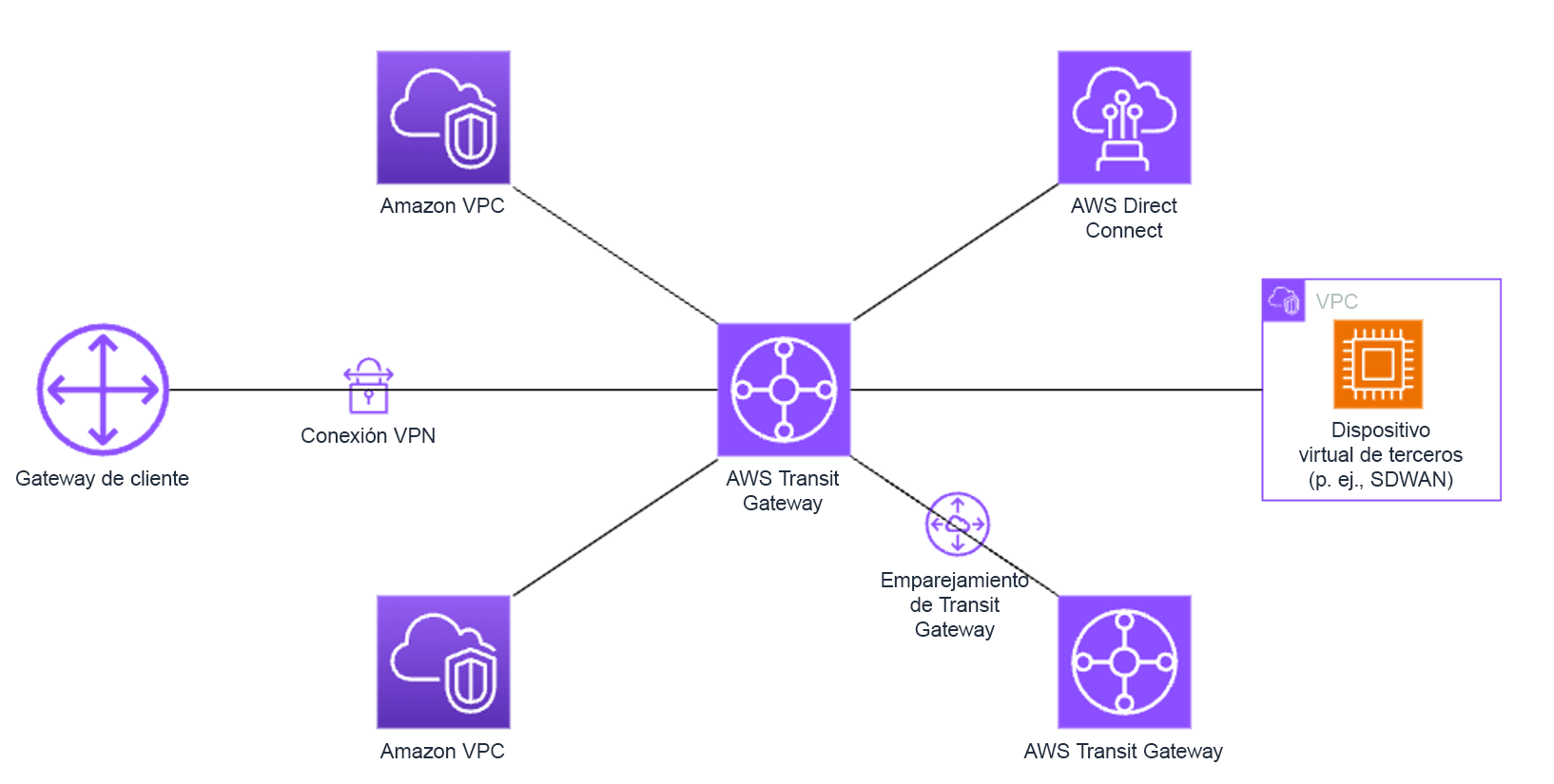 AWS Transit Gateway connecting various services like VPCs, Direct Connect, and third-party appliances.