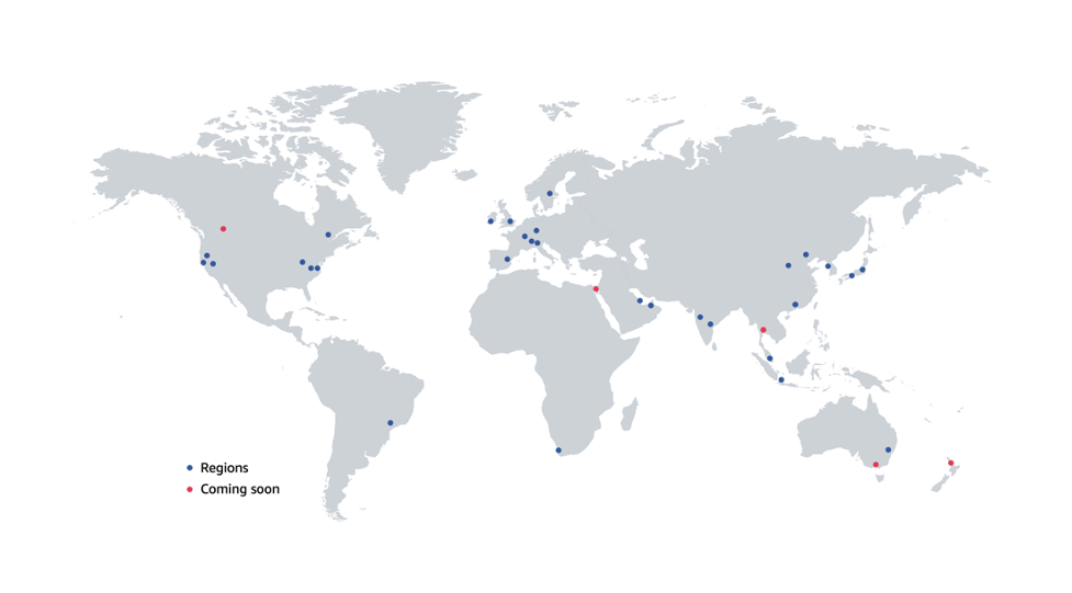 Esta imagen ilustra las regiones de AWS actuales y planificadas a diciembre de 2022.