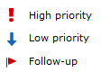 Icons representing message priority: exclamation mark, down arrow, and flag.