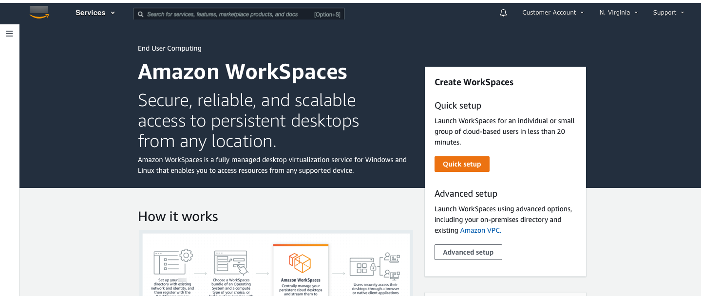 Amazon WorkSpaces panel que muestra la descripción del servicio y las opciones de configuración.