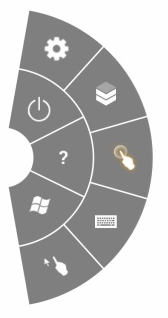 Menú radial del iPad con los botones de configuración, estado de la conexión, desconexión/conexión, modo directo con el ratón, ayuda, teclado, menú de inicio de Windows y modo de desplazamiento del ratón.