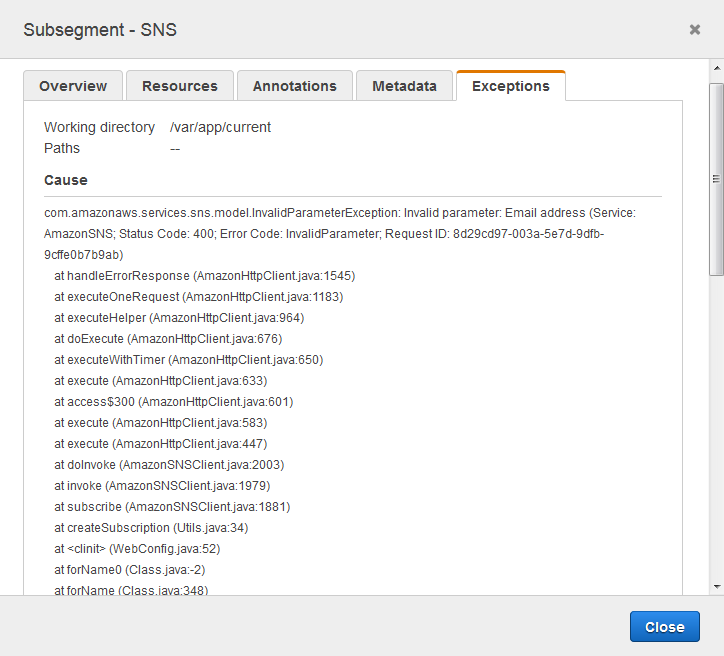 Pestaña Exceptions (Excepciones) con las excepciones capturadas y el rastro de stack registrado