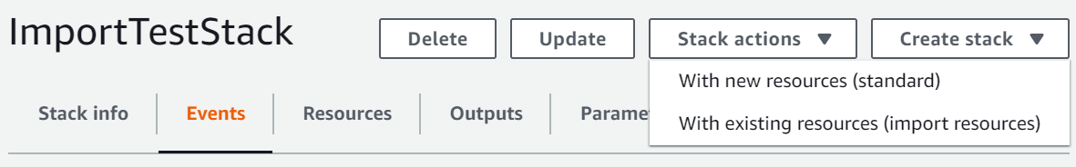 Option de création d'une pile à partir de ressources existantes dans la console.