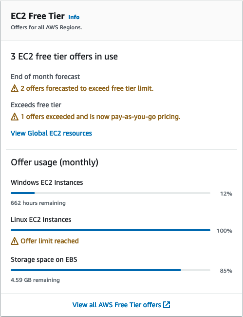 La case EC2 Free Tier dans le EC2 tableau de bord.