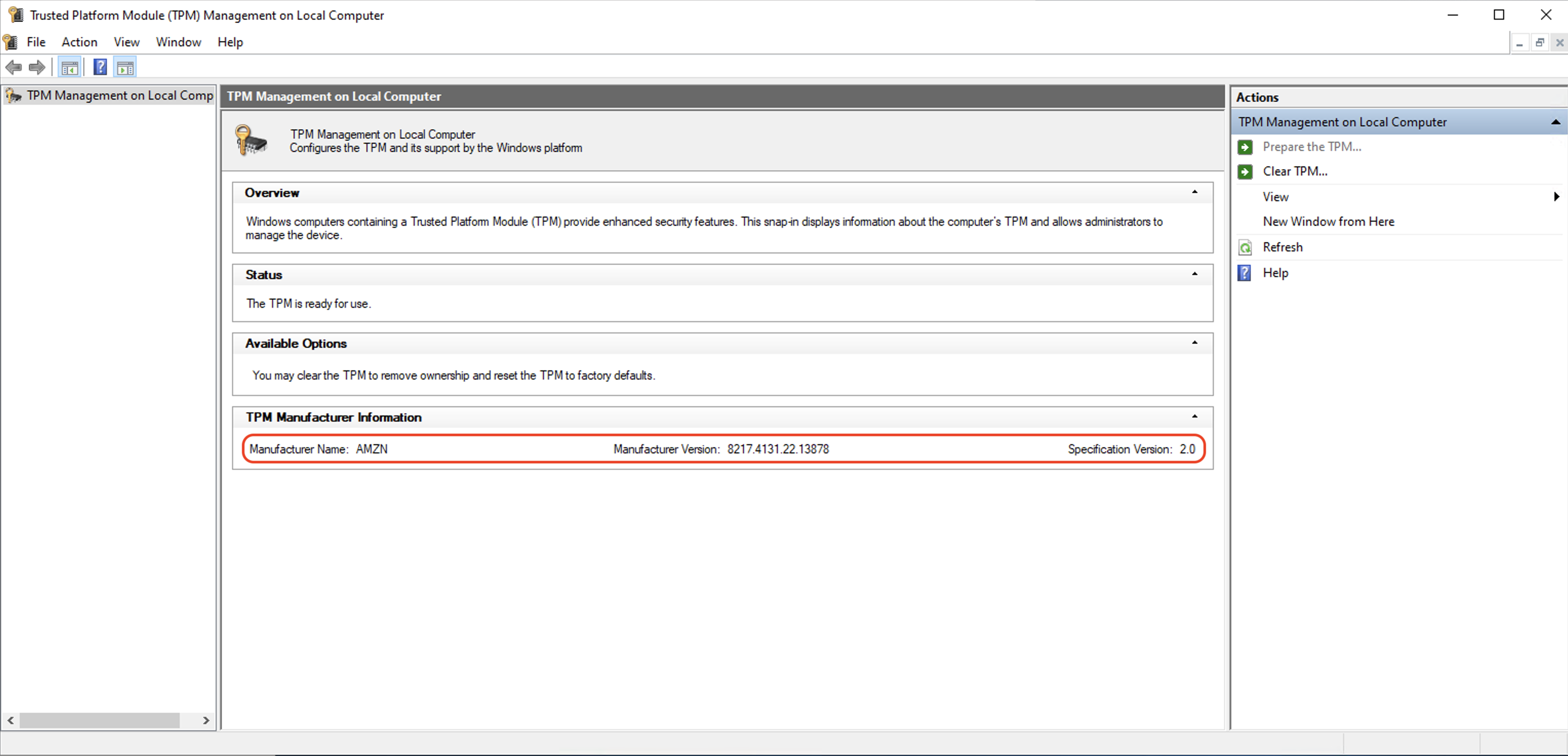 La fenêtre TPM Gestion sur ordinateur local et le champ Informations sur le TPM fabricant indiquant la version du Nitro installée TPM sur l'instance.