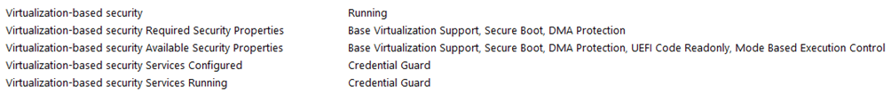 Une image de l’outil Microsoft System Information avec la ligne de sécurité basée sur la virtualisation indiquant l’état « En cours d’exécution », confirmant que Credential Guard est en cours d’exécution.