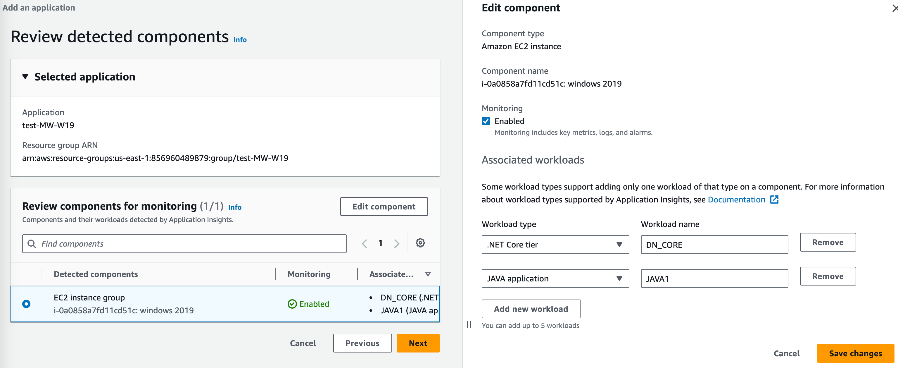 Section Modifier le composant de la console CloudWatch Application Insights : liste déroulante du type de charge de travail.