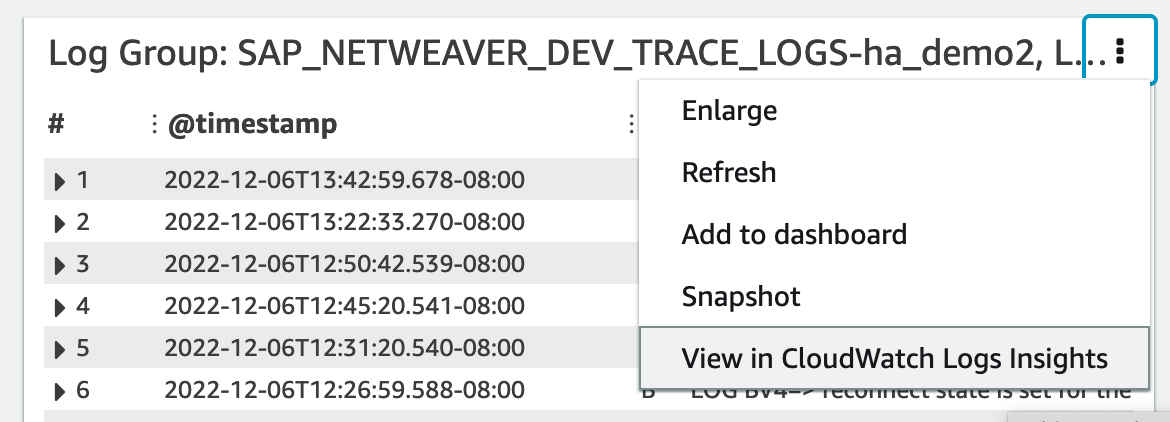 CloudWatch Informations détaillées sur les applications avec View in CloudWatch Logs Insights.