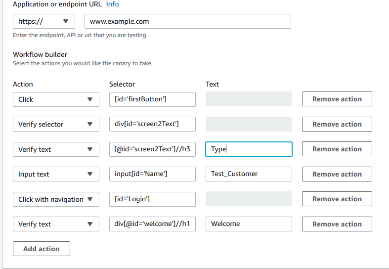 La page Create Canary dans la console, avec des champs remplis pour le plan de GUI flux de travail.