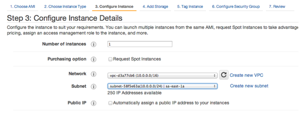 Configure Instance Details form with fields for number of instances, purchasing options, network, and subnet.