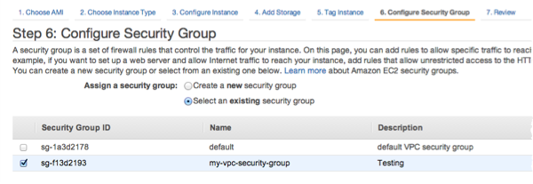 Security group configuration interface showing options to select or create a security group.