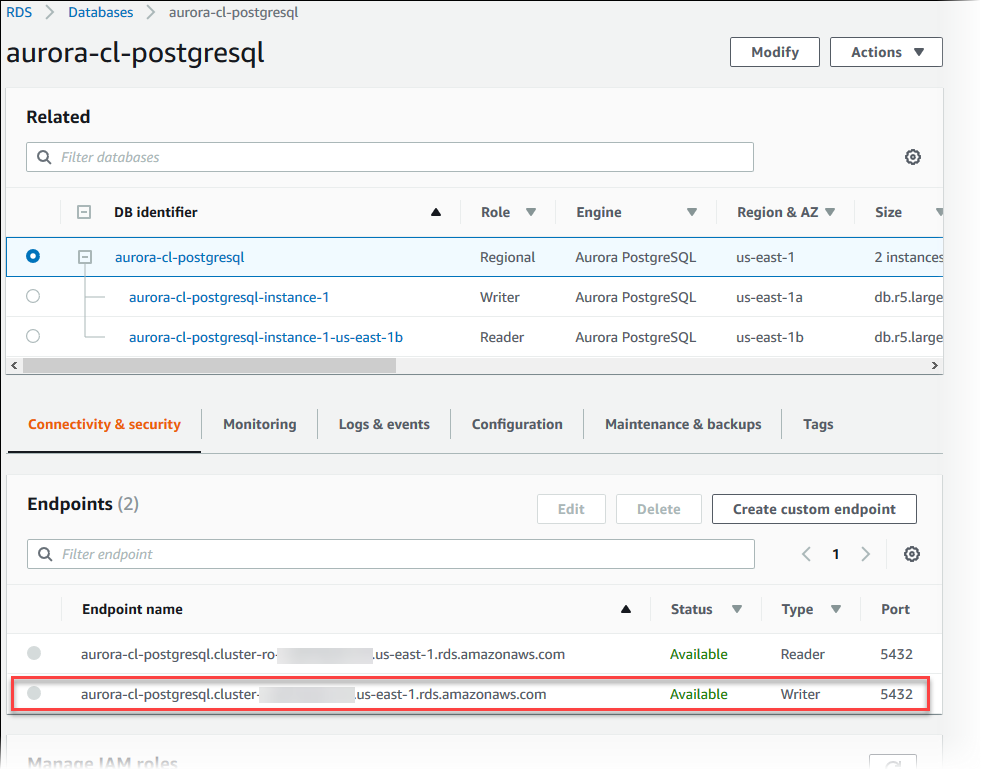 Point de terminaison Aurora Postgrer SQL Writer.