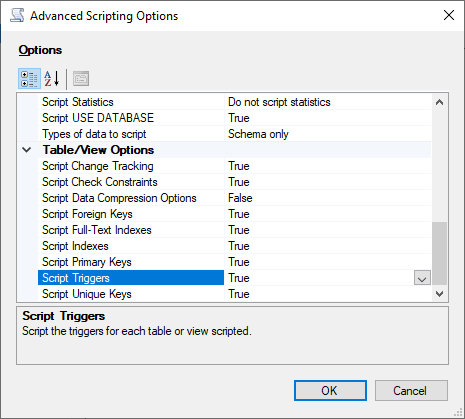 Utilisation de l'assistant de SSMS génération de script pour définir les options de script avancées.