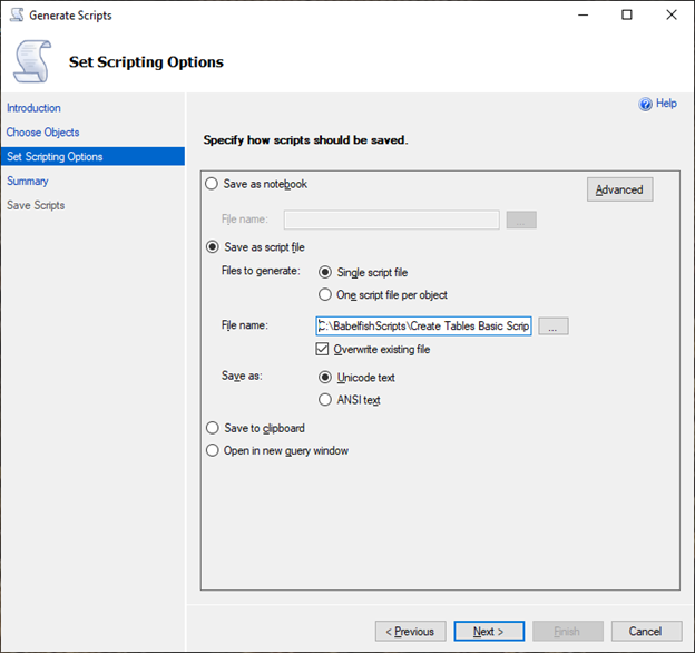 Utilisation de l'assistant de SSMS génération de script pour définir les valeurs par défaut du script.