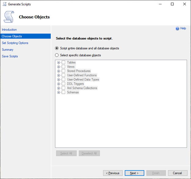 Utilisation de l'assistant de SSMS génération de script pour sélectionner des objets.