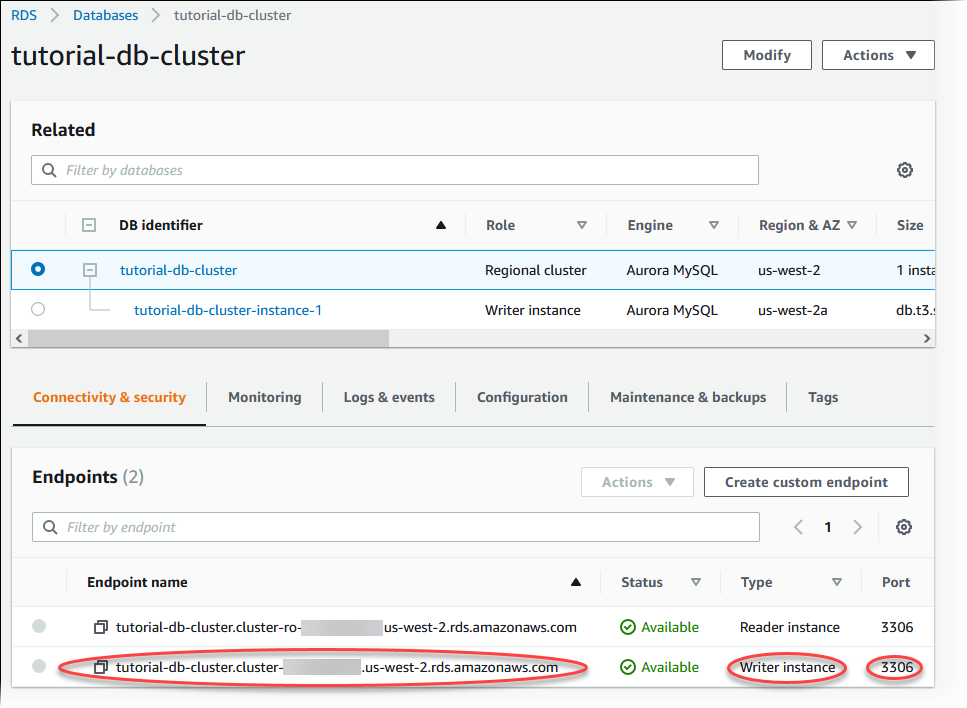 Détails du cluster de base de données