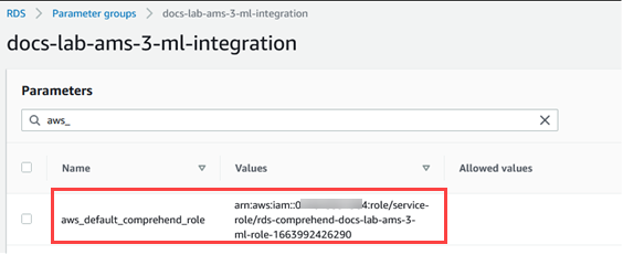 Ajout ARN du IAM rôle au groupe de paramètres du cluster de base SQL de données personnalisé d'Aurora My.