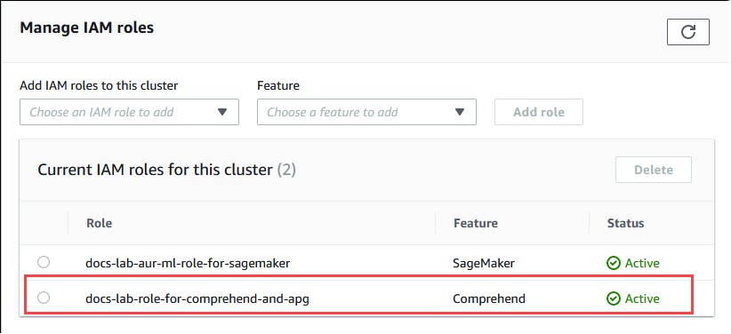 Le rôle d'Amazon Comprehend a été ajouté au cluster de SQL base de données Aurora Postgre et est désormais actif.