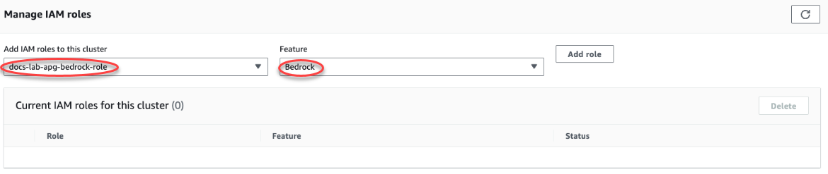 Le rôle d'Amazon Bedrock a été ajouté au cluster de SQL base de données Aurora Postgre et est désormais actif.