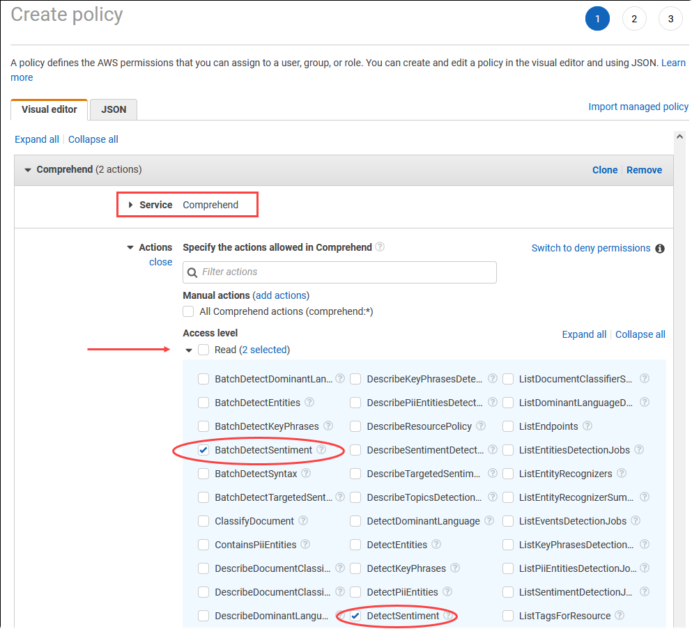 Création de la IAM politique à utiliser pour Amazon Comprehend.