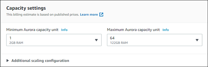 Pour créer un Serverless clonez à partir d'un cluster de base de données Aurora, spécifiez la capacité.