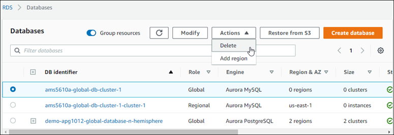 Une base de données mondiale Aurora basée sur Aurora My SQL 5.6.10a est conservée dans le AWS Management Console jusqu'à ce que vous le supprimiez, même s'il n'est associé à aucun cluster de base de données Aurora.