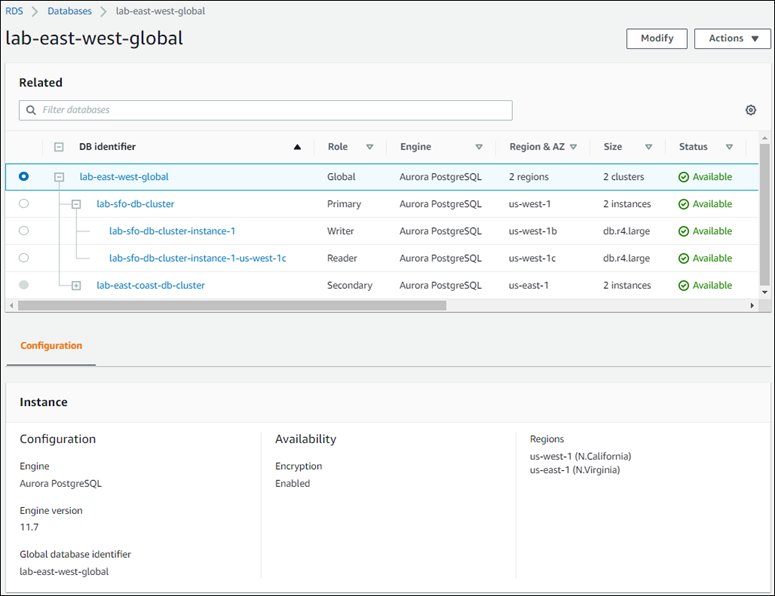 Capture d'écran montrant une base de données globale Aurora sélectionnée et ses paramètres de configuration dans AWS Management Console.