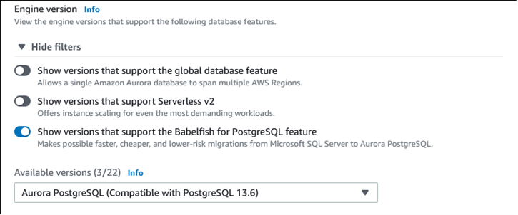 Choisissez une SQL version d'Aurora Postgre.